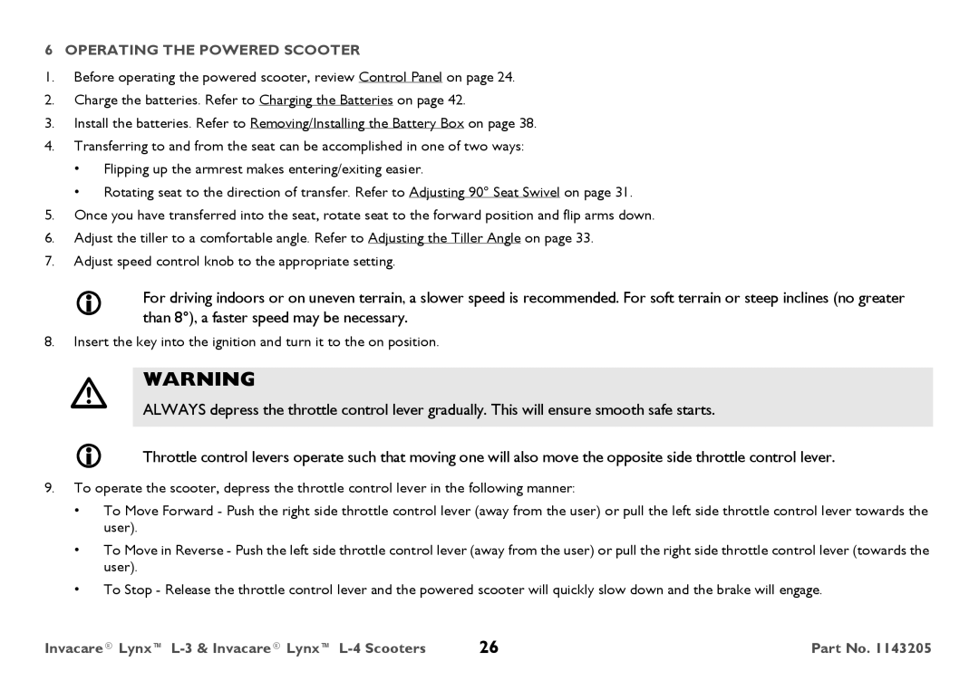 Invacare L-4, L-3 user manual Operating the Powered Scooter 