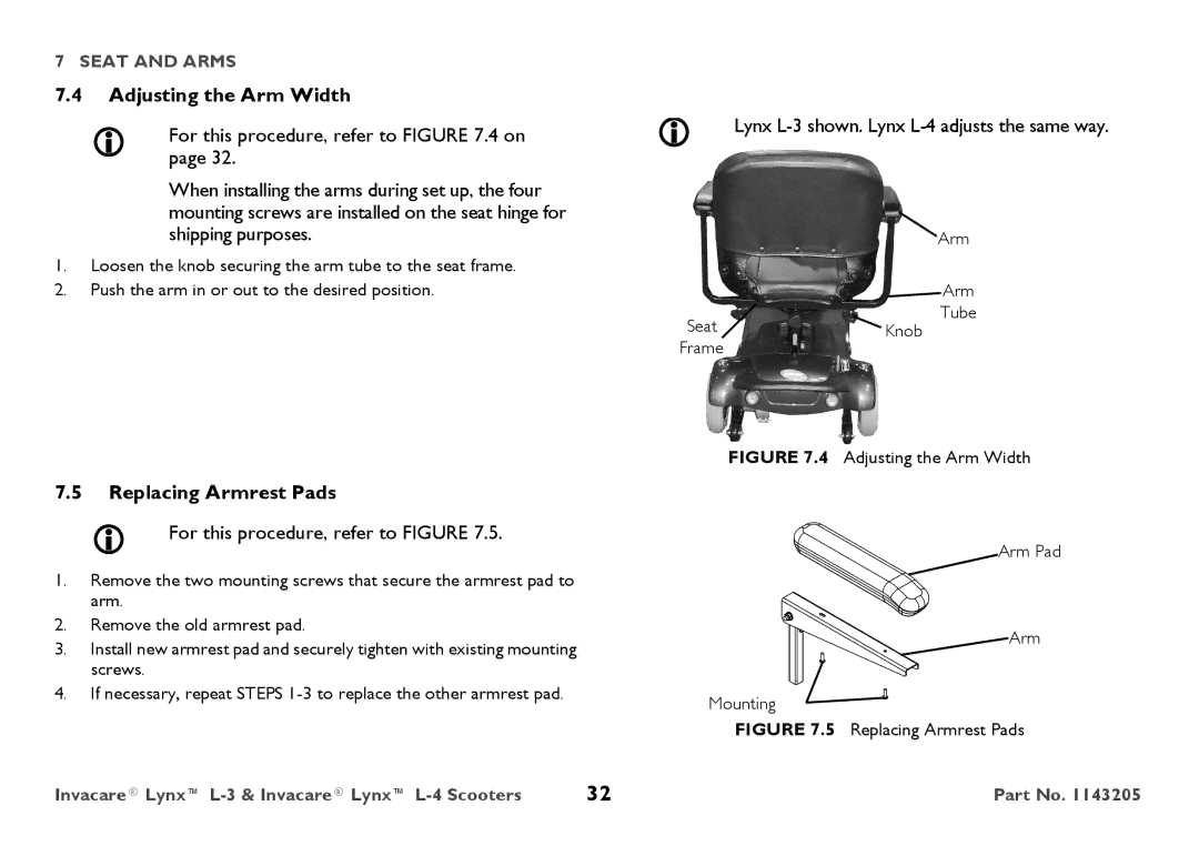 Invacare L-4, L-3 user manual Adjusting the Arm Width, Replacing Armrest Pads 