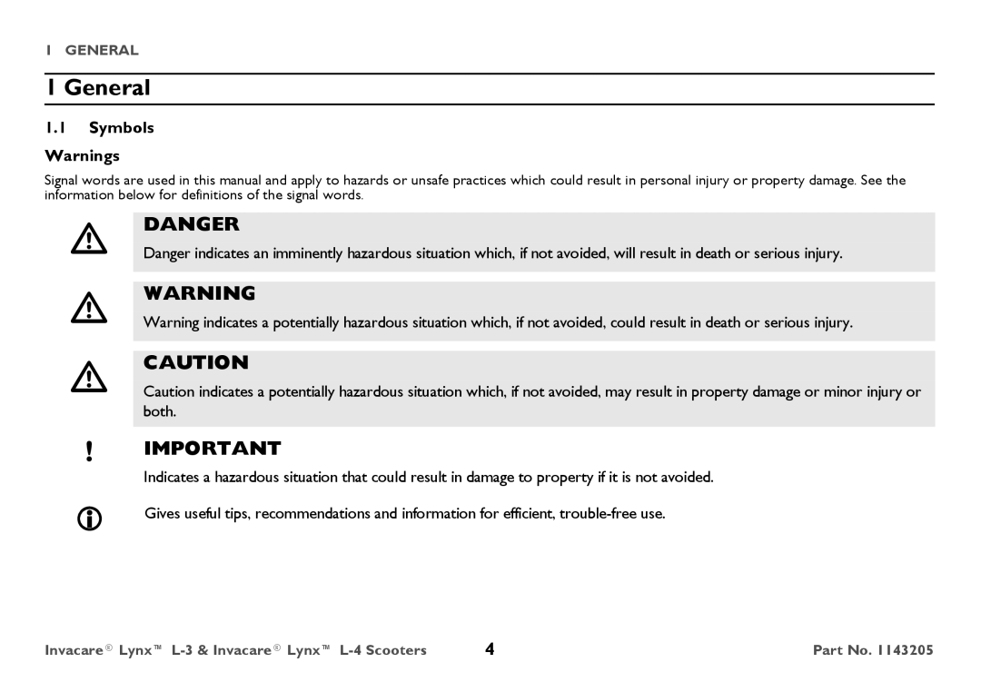 Invacare L-4, L-3 user manual General, Symbols 