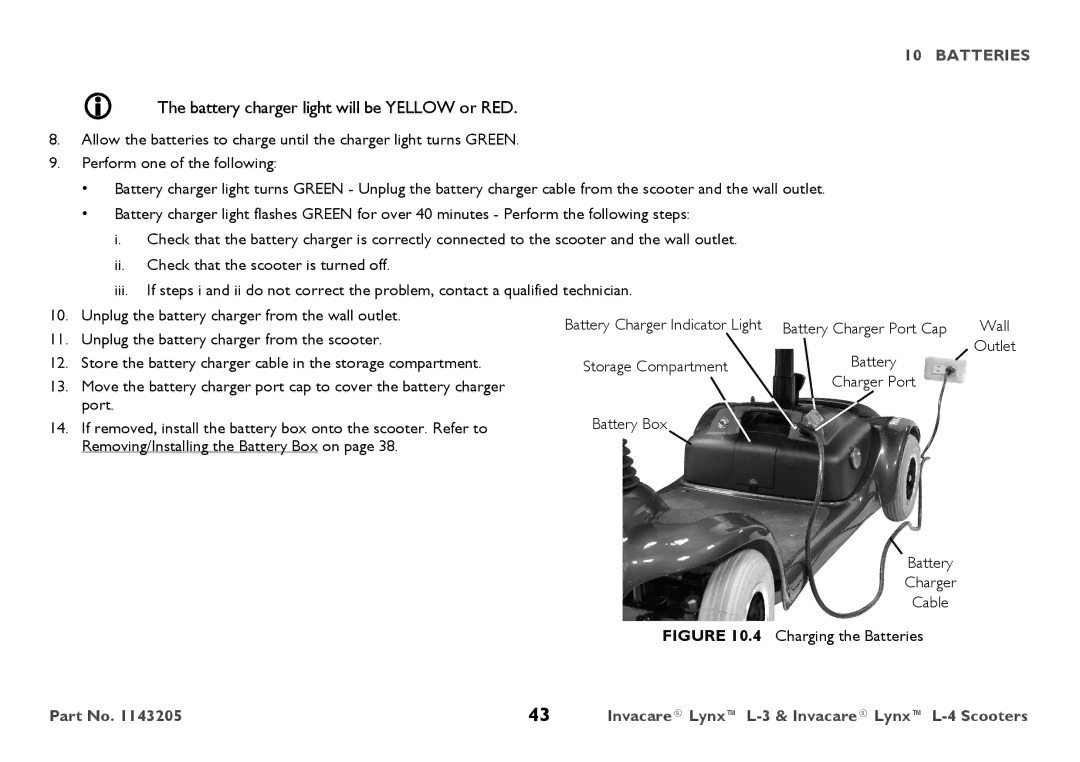 Invacare L-3, L-4 user manual  The battery charger light will be Yellow or RED 