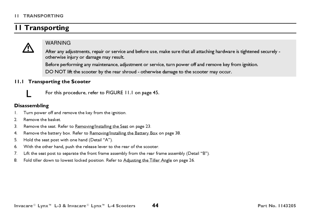 Invacare L-4, L-3 user manual Transporting the Scooter, Disassembling 