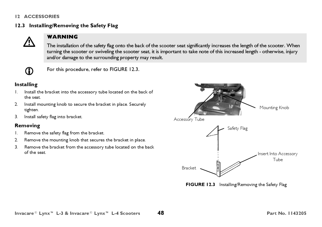 Invacare L-4, L-3 user manual Installing/Removing the Safety Flag 