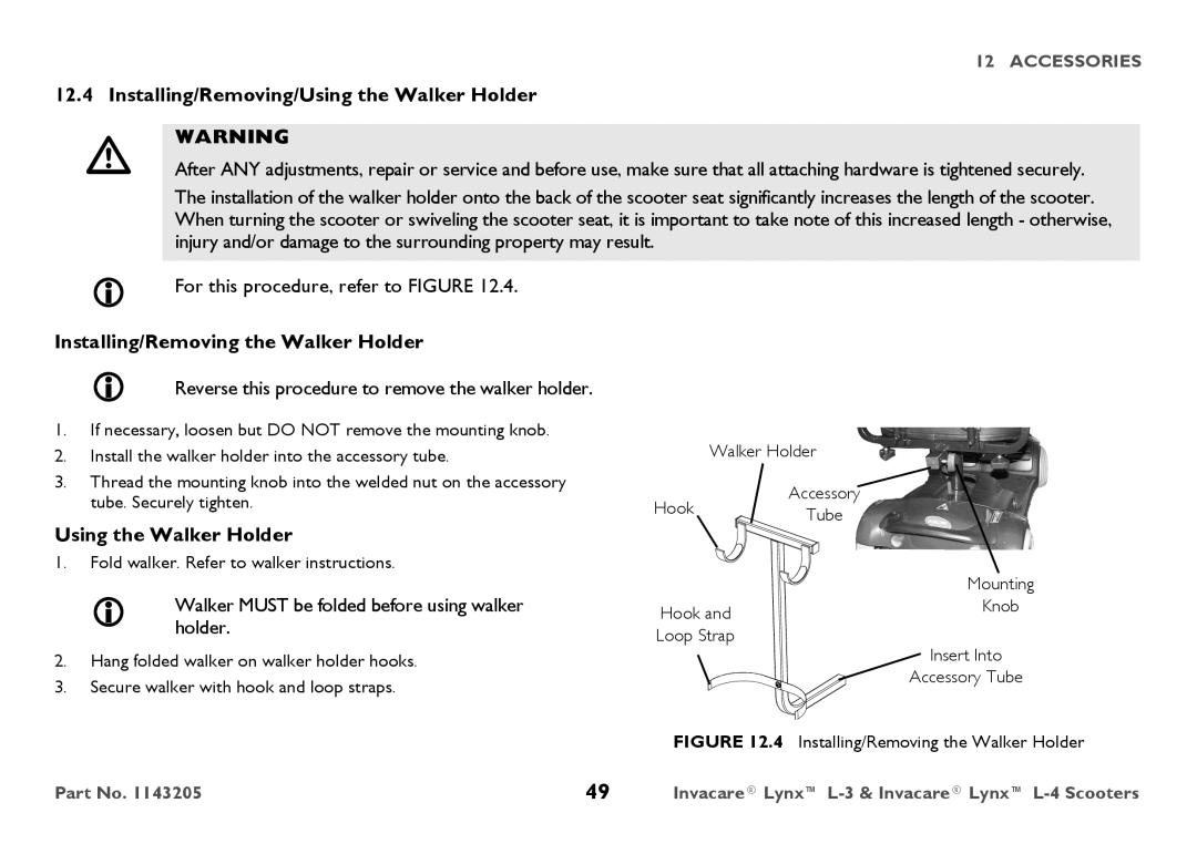 Invacare L-3, L-4 user manual Installing/Removing/Using the Walker Holder, Installing/Removing the Walker Holder 