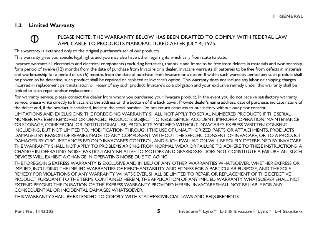 Invacare L-3, L-4 user manual Limited Warranty 