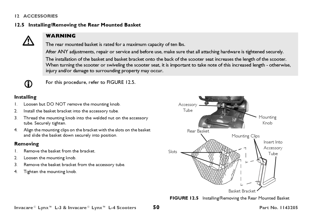 Invacare L-4, L-3 user manual Installing/Removing the Rear Mounted Basket 