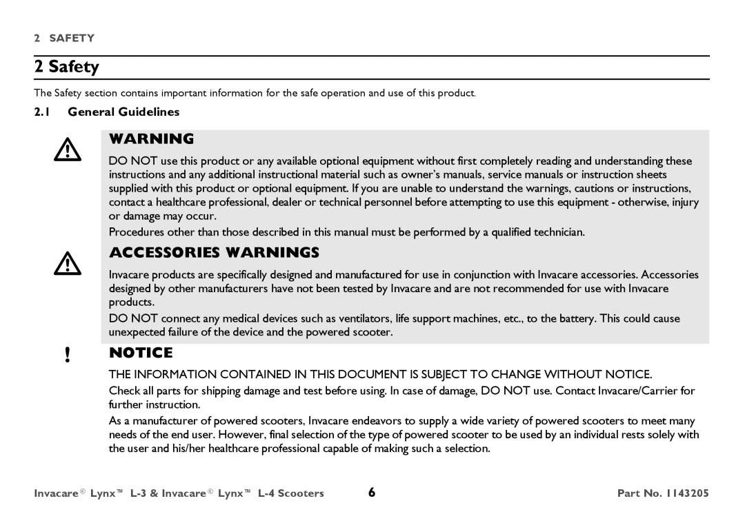 Invacare L-4, L-3 user manual Safety, General Guidelines 