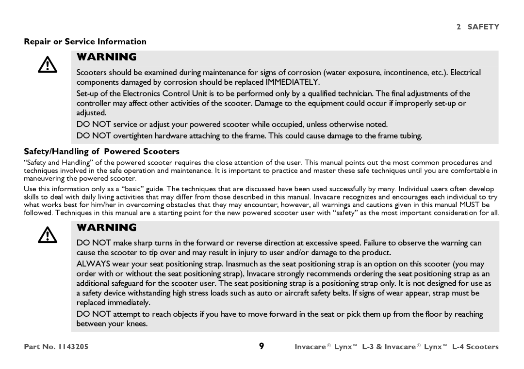 Invacare L-3, L-4 user manual Repair or Service Information, Safety/Handling of Powered Scooters 