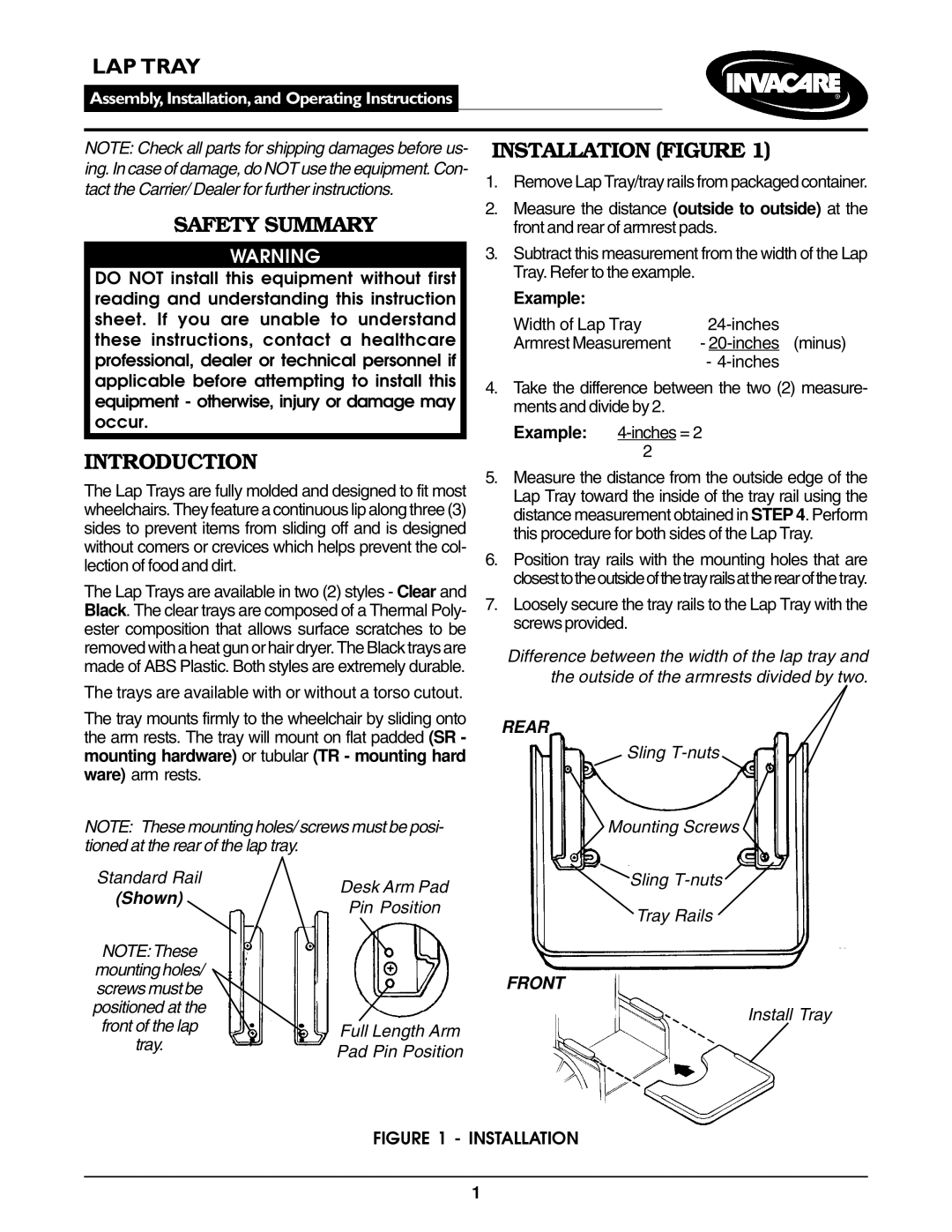 Invacare Lap Tray instruction sheet Safety Summary, Introduction, Installation Figure 