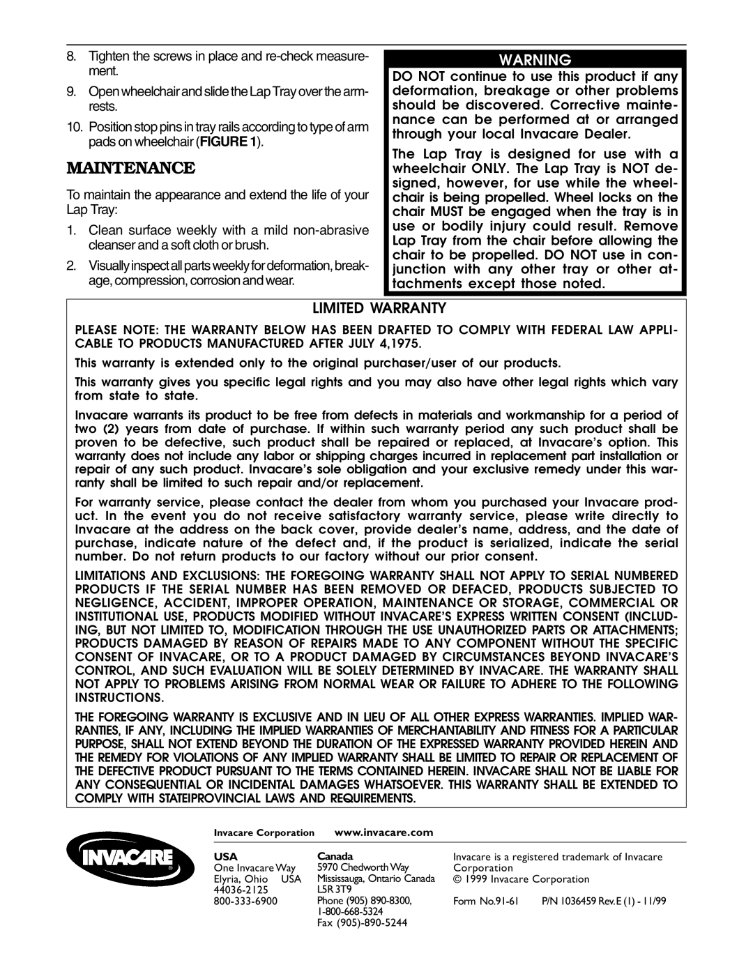 Invacare Lap Tray instruction sheet Maintenance, Limited Warranty 