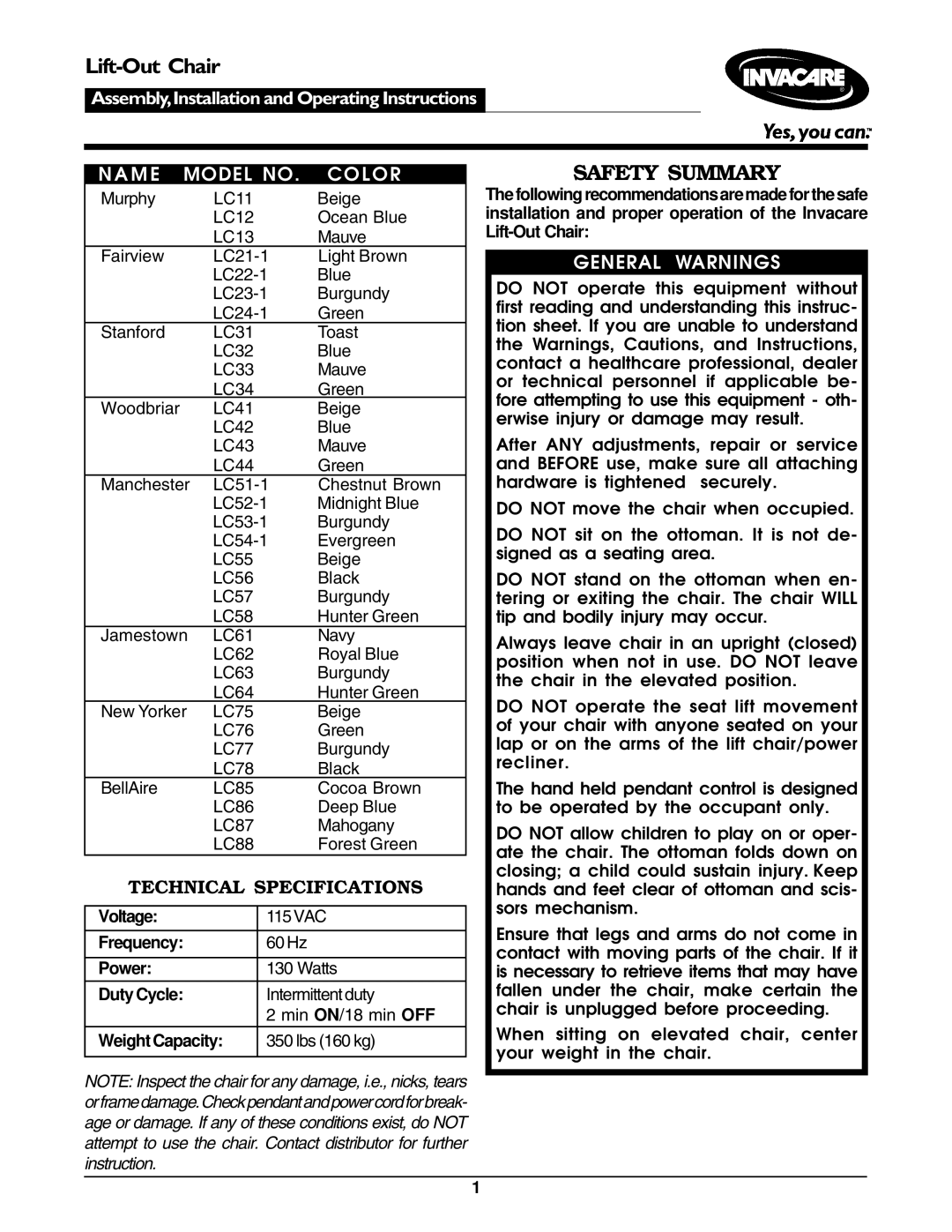 Invacare LC44, LC43, LC31, LC33, LC42, LC34, LC32, LC41, LC23-1, LC22-1 technical specifications Lift-Out Chair, Safety Summary 