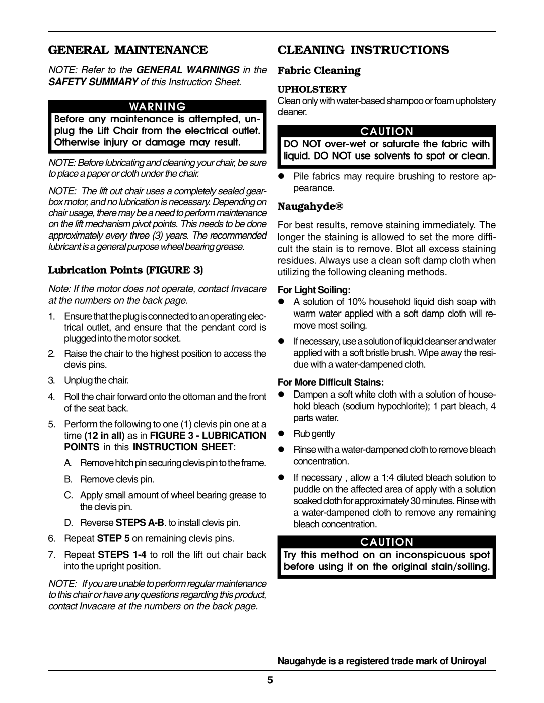 Invacare LC34, LC43, LC44 General Maintenance Cleaning Instructions, Lubrication Points Figure, Fabric Cleaning, Naugahyde 