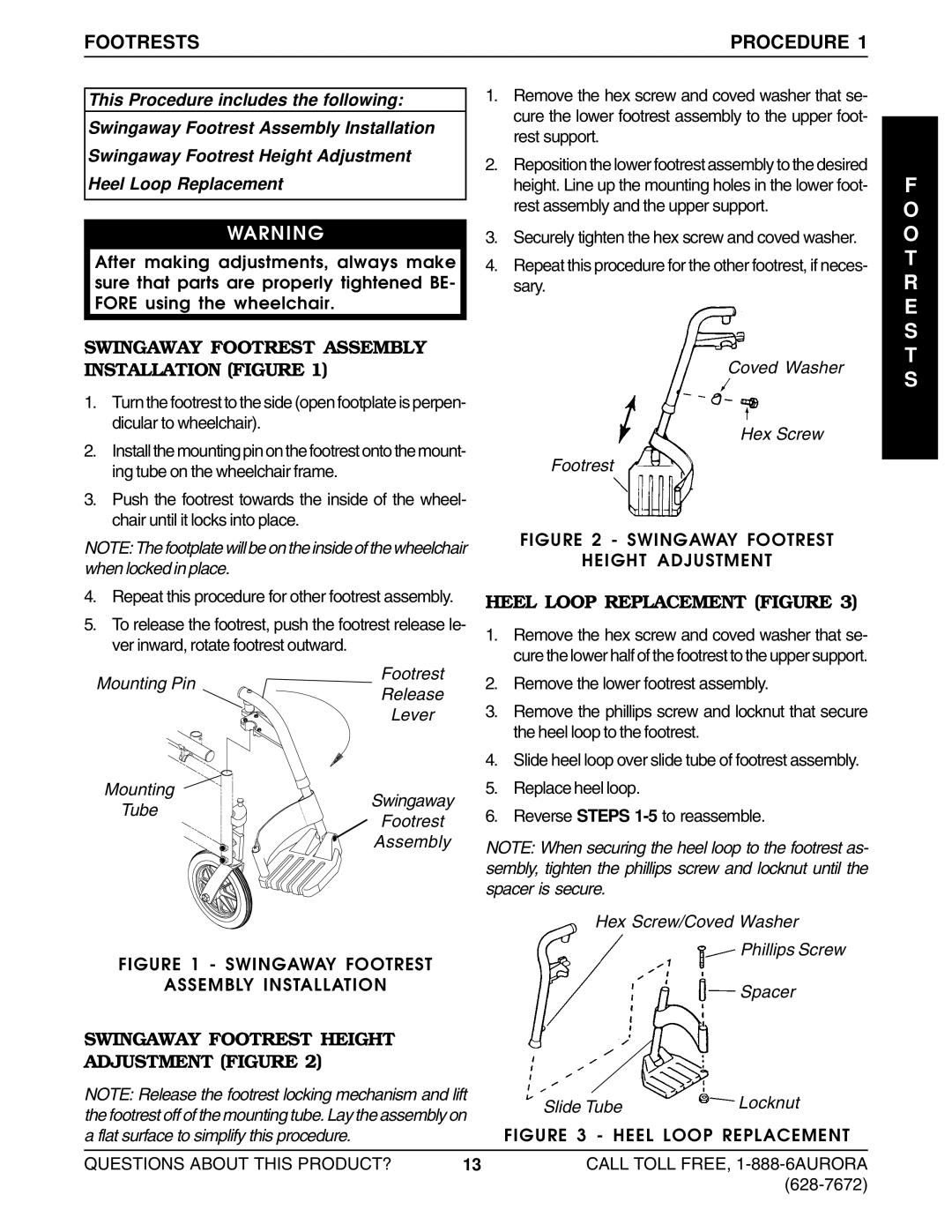 Invacare Lightweight Aluminum Wheelchair manual Footrests Procedure, Swingaway Footrest Assembly Installation Figure 