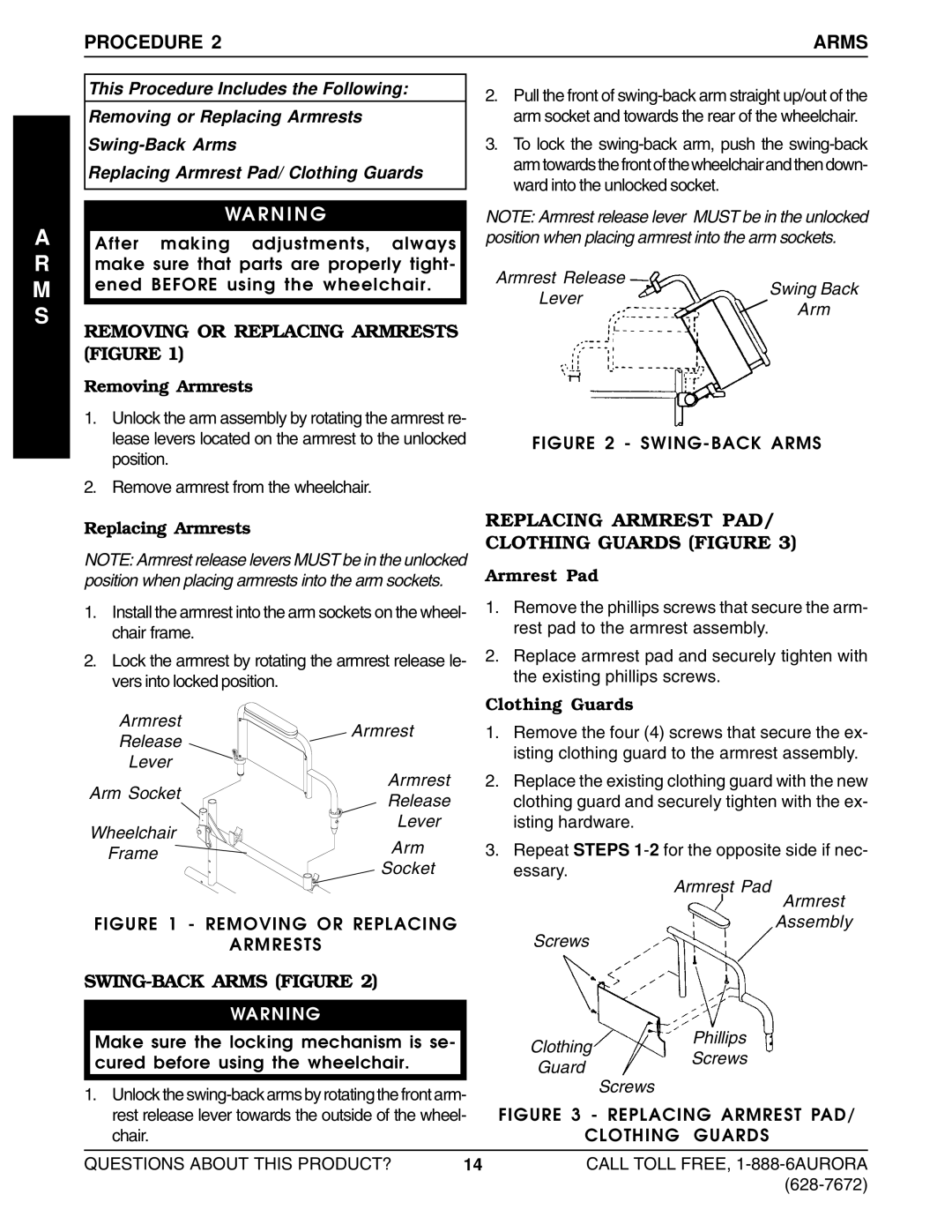 Invacare Lightweight Aluminum Wheelchair manual M S, Procedure Arms, Removing or Replacing Armrests Figure 