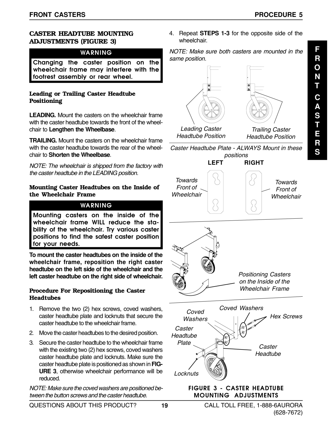 Invacare Lightweight Aluminum Wheelchair manual Front Casters Procedure, Caster Headtube Mounting Adjustments Figure 