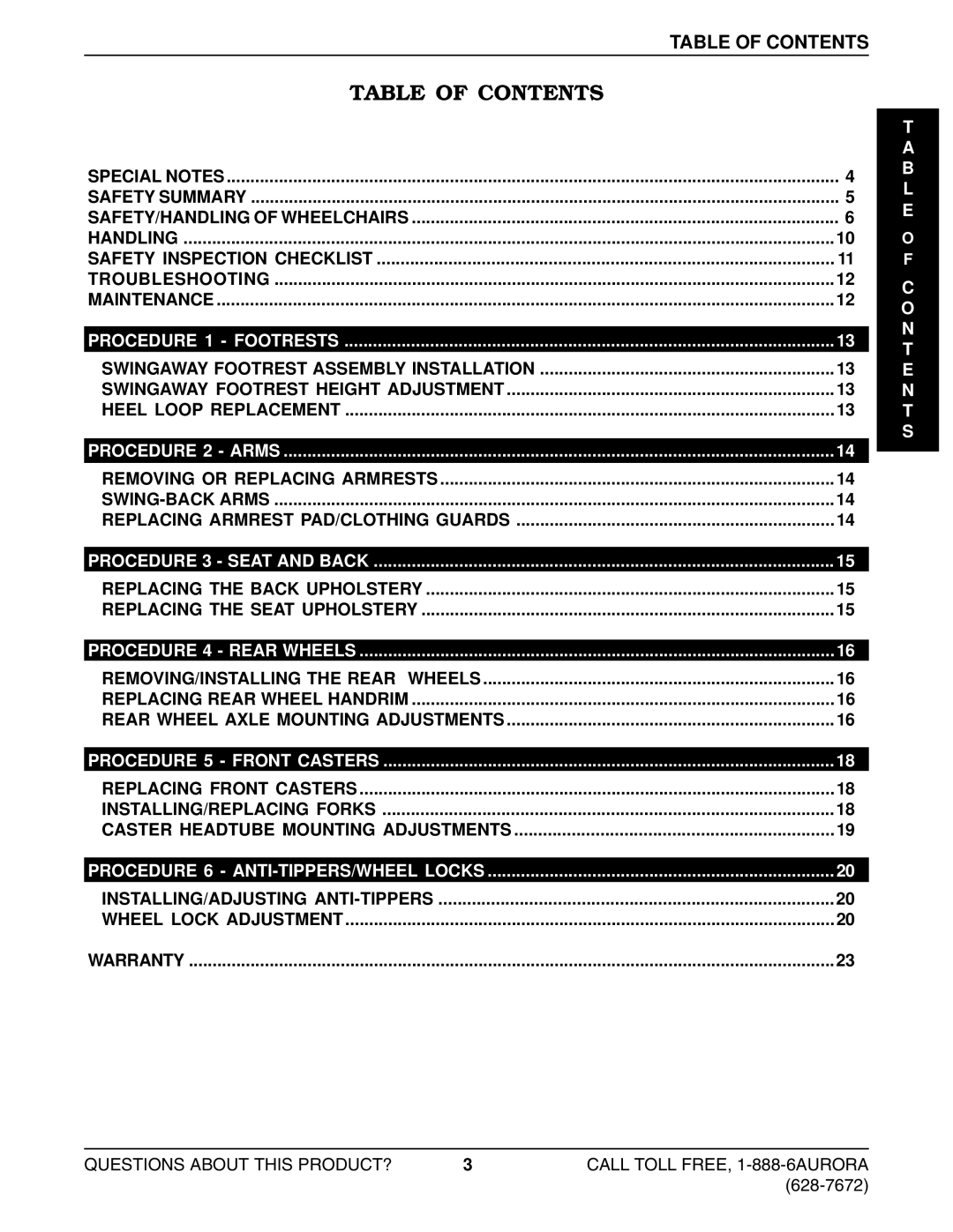 Invacare Lightweight Aluminum Wheelchair manual Table of Contents 