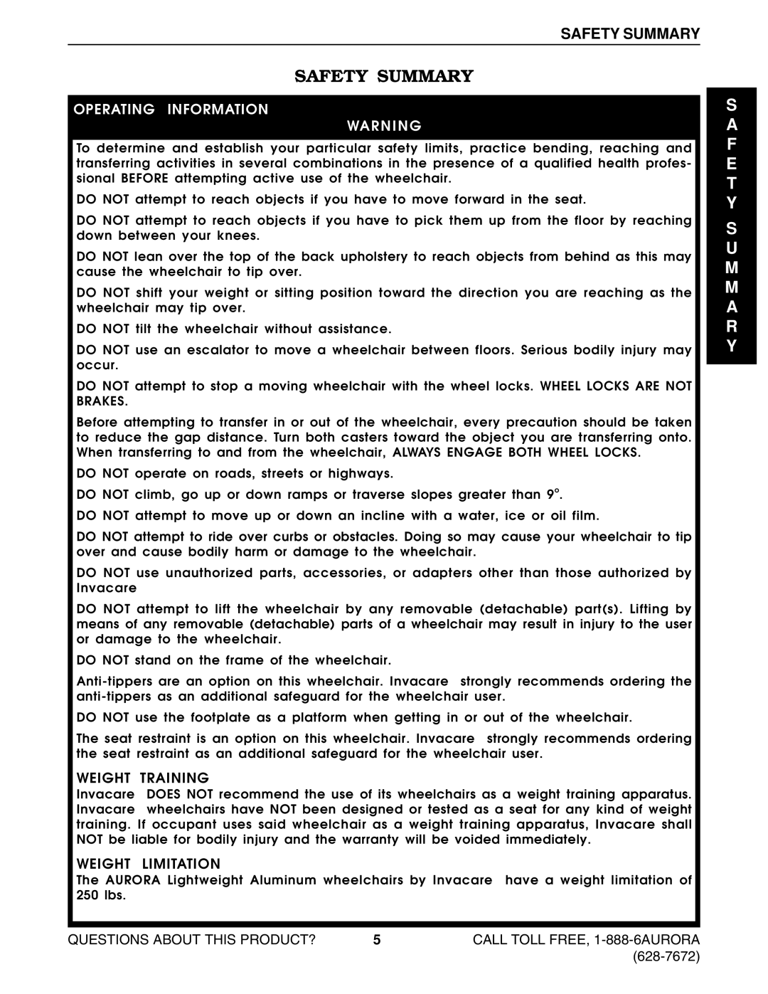 Invacare Lightweight Aluminum Wheelchair manual Safety Summary 