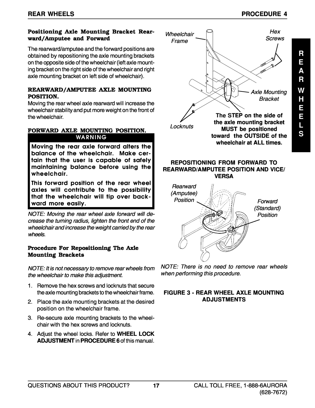 Invacare Lightweight Aluminum Wheelchair manual R E A R W H E E L S, Rear Wheels, Procedure, Forward Axle Mounting Position 
