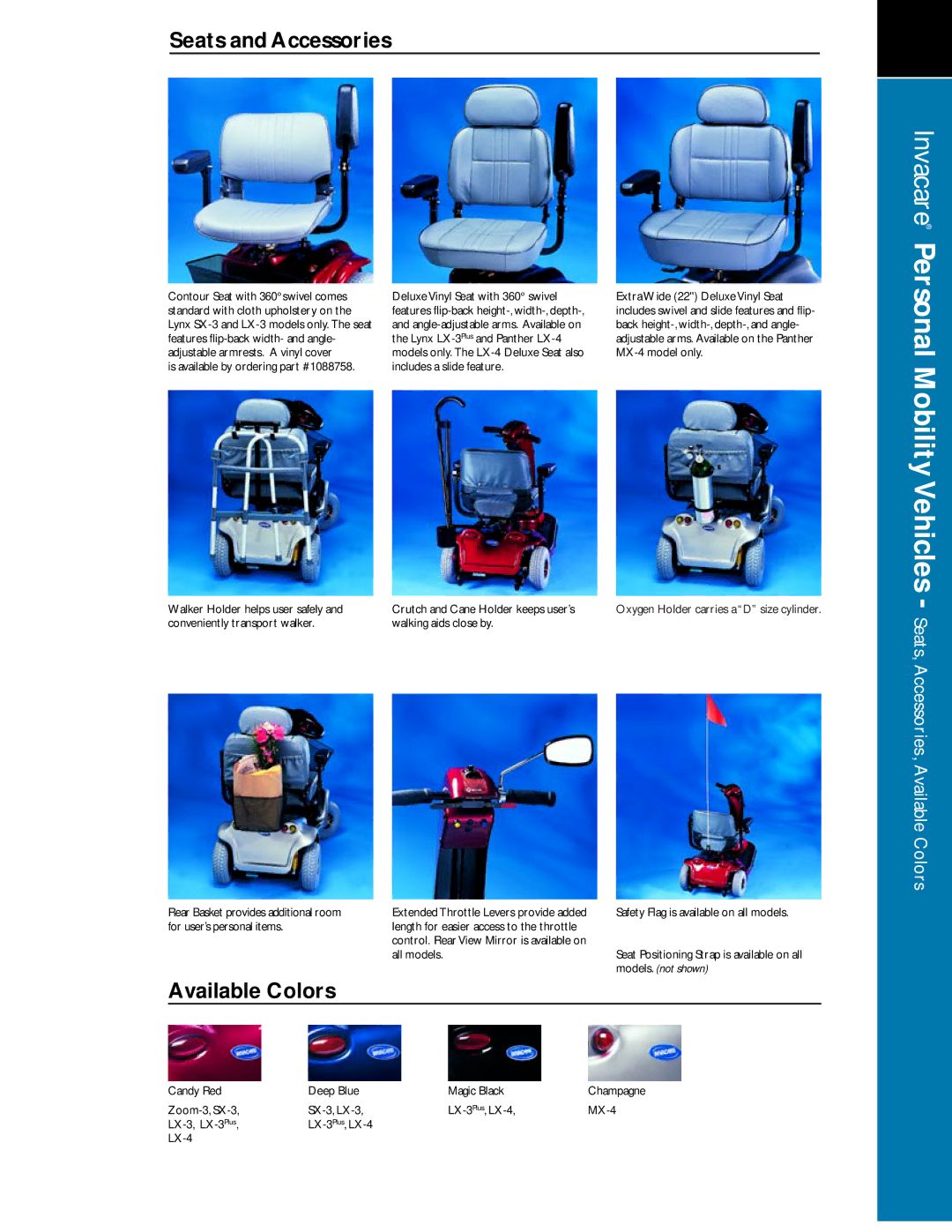 Invacare LX-3 manual Seats and Accessories, Available Colors 