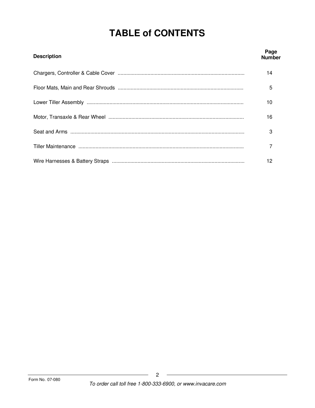 Invacare Lynx L-3X manual Table of Contents 