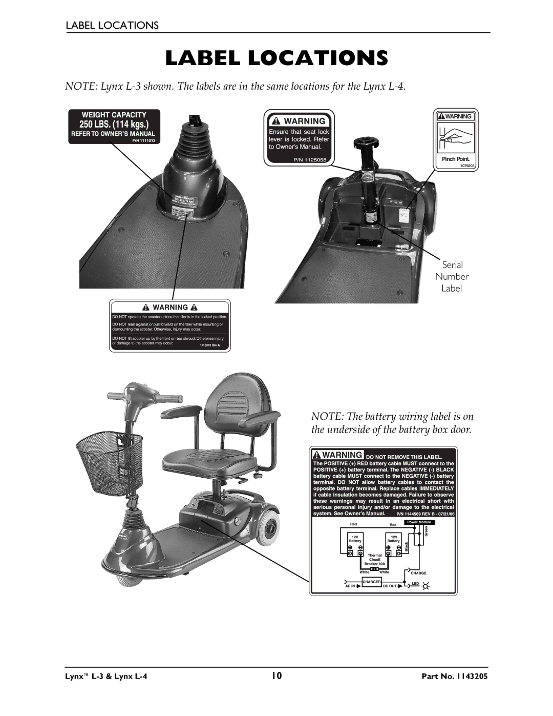 Invacare Lynx L-4 manual Label Locations, Serial Number Label 