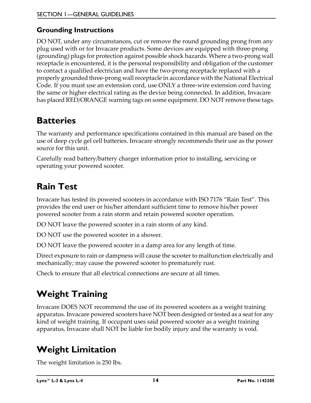 Invacare Lynx L-4 manual Batteries, Rain Test, Weight Training, Weight Limitation, Grounding Instructions 