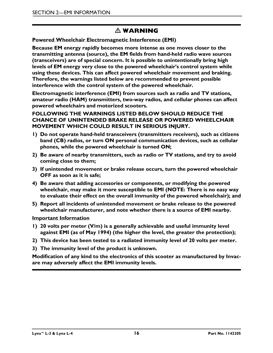 Invacare Lynx L-4 manual EMI Information 