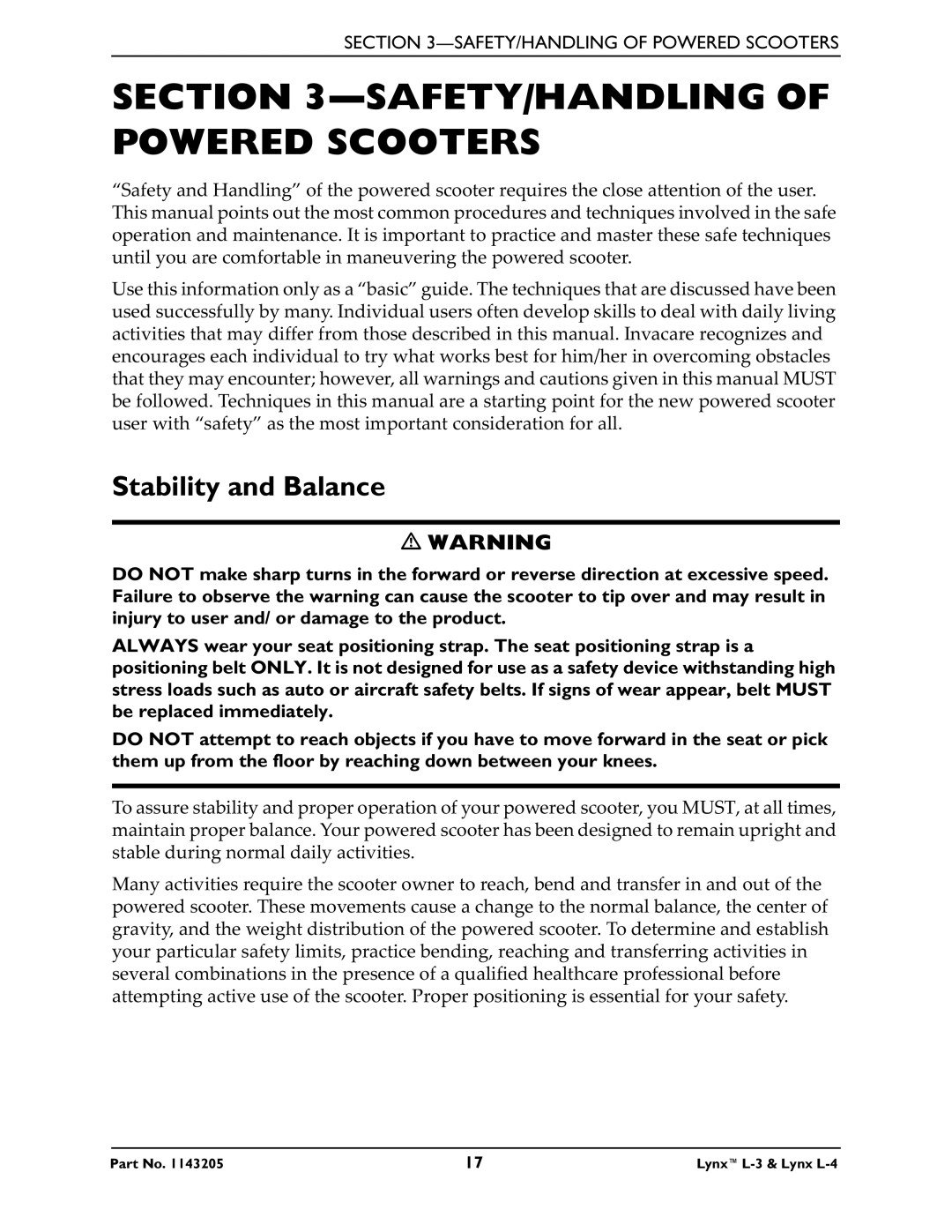 Invacare Lynx L-4 manual SAFETY/HANDLING of Powered Scooters, Stability and Balance 