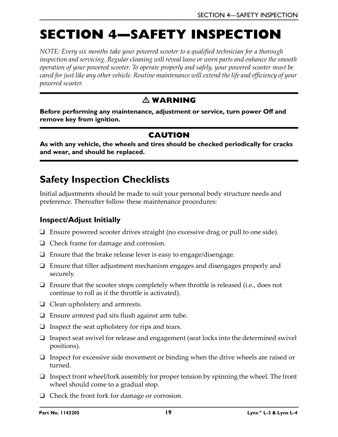 Invacare Lynx L-4 manual Safety Inspection Checklists, Inspect/Adjust Initially 