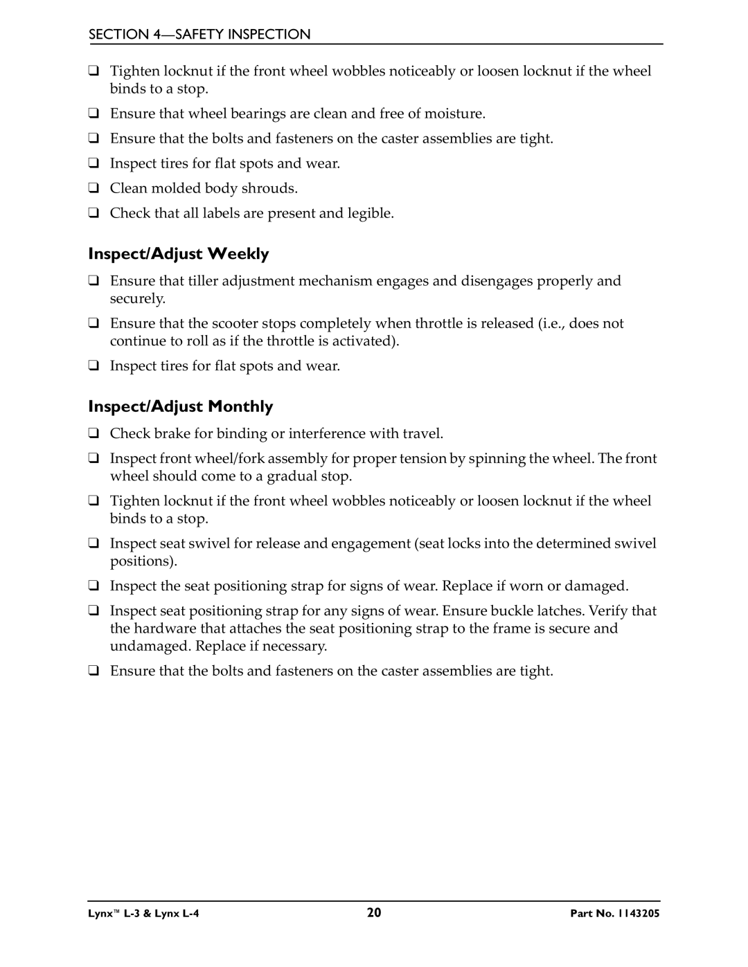 Invacare Lynx L-4 manual Inspect/Adjust Weekly, Inspect/Adjust Monthly 