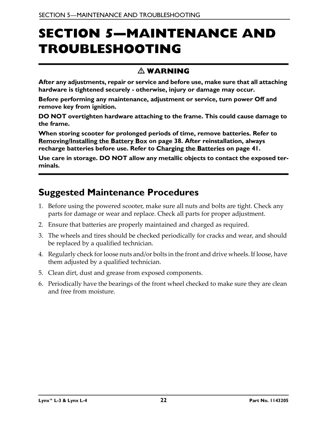 Invacare Lynx L-4 manual Maintenance and Troubleshooting, Suggested Maintenance Procedures 