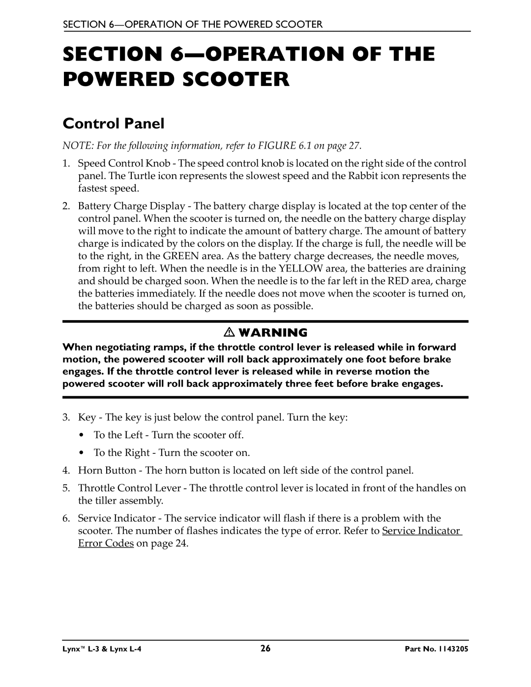 Invacare Lynx L-4 manual Operation of the Powered Scooter, Control Panel 