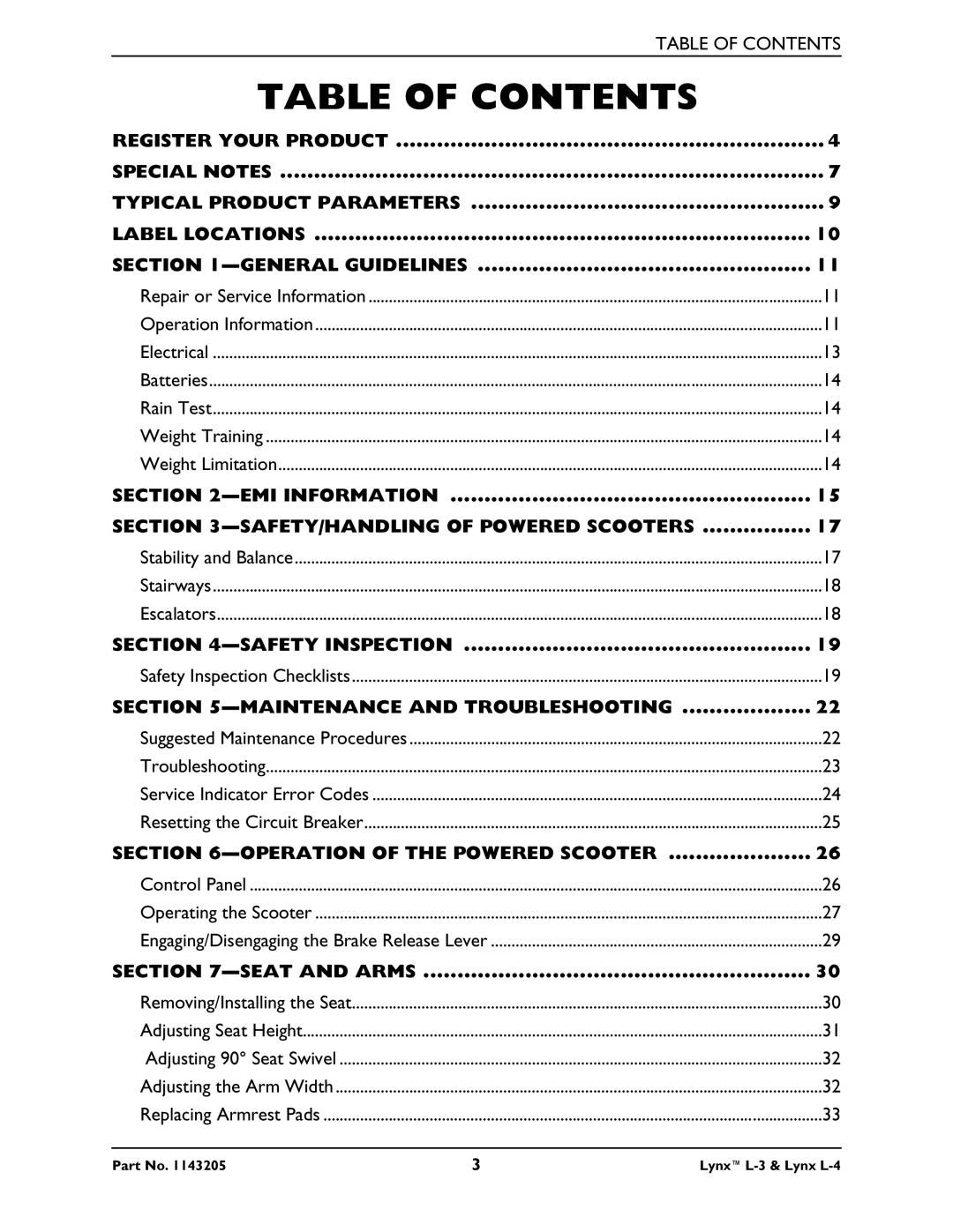 Invacare Lynx L-4 manual Table of Contents 