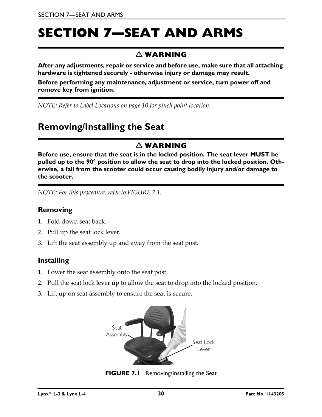 Invacare Lynx L-4 manual Seat and Arms, Removing/Installing the Seat 