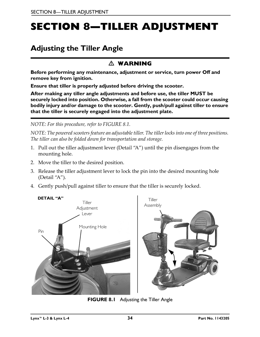 Invacare Lynx L-4 manual Tiller Adjustment, Adjusting the Tiller Angle 