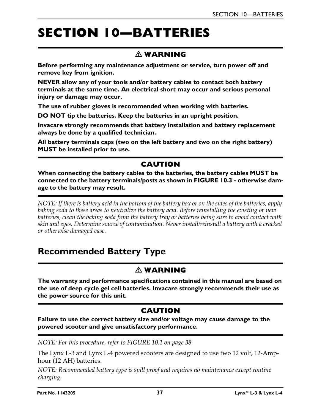 Invacare Lynx L-4 manual Batteries, Recommended Battery Type 