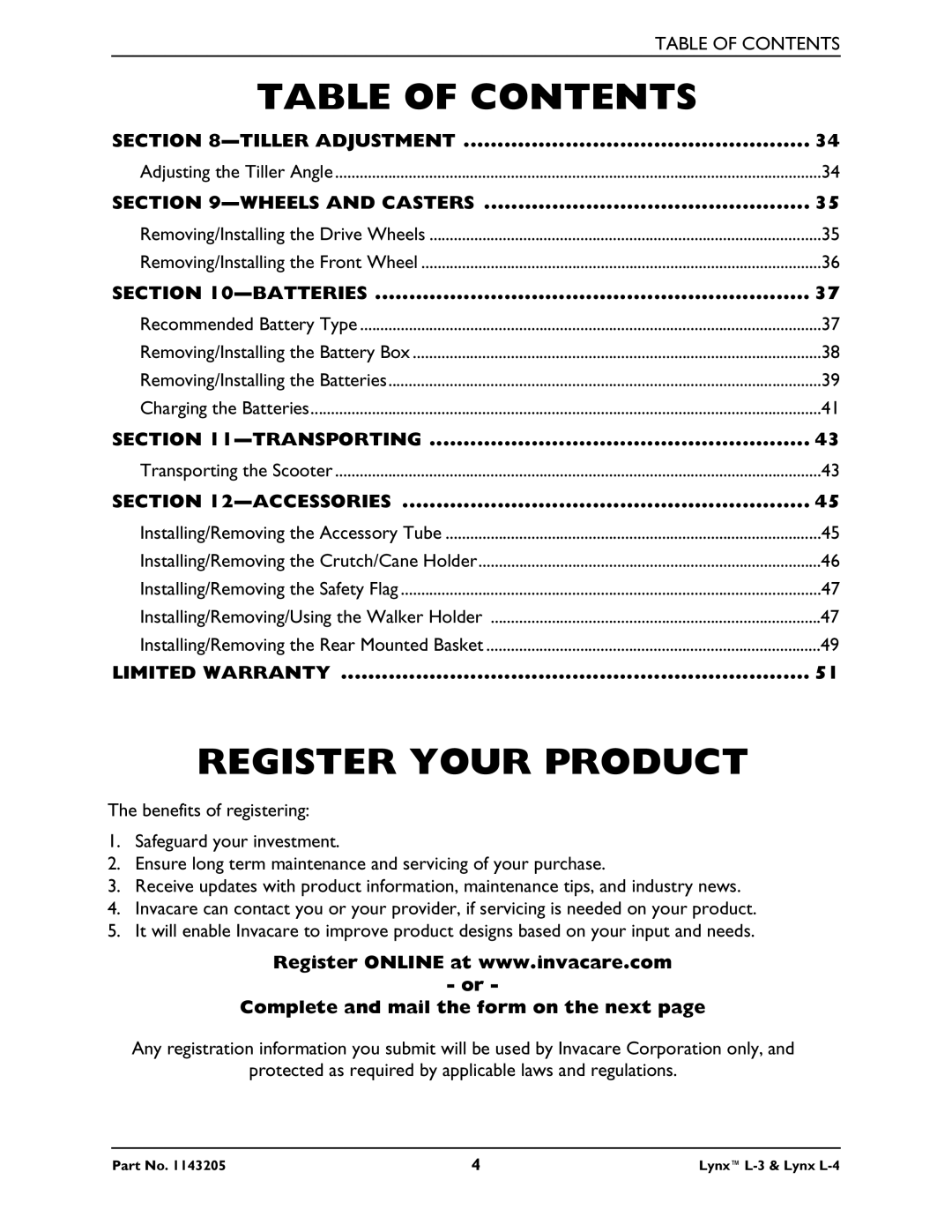 Invacare Lynx L-4 manual Register Your Product 