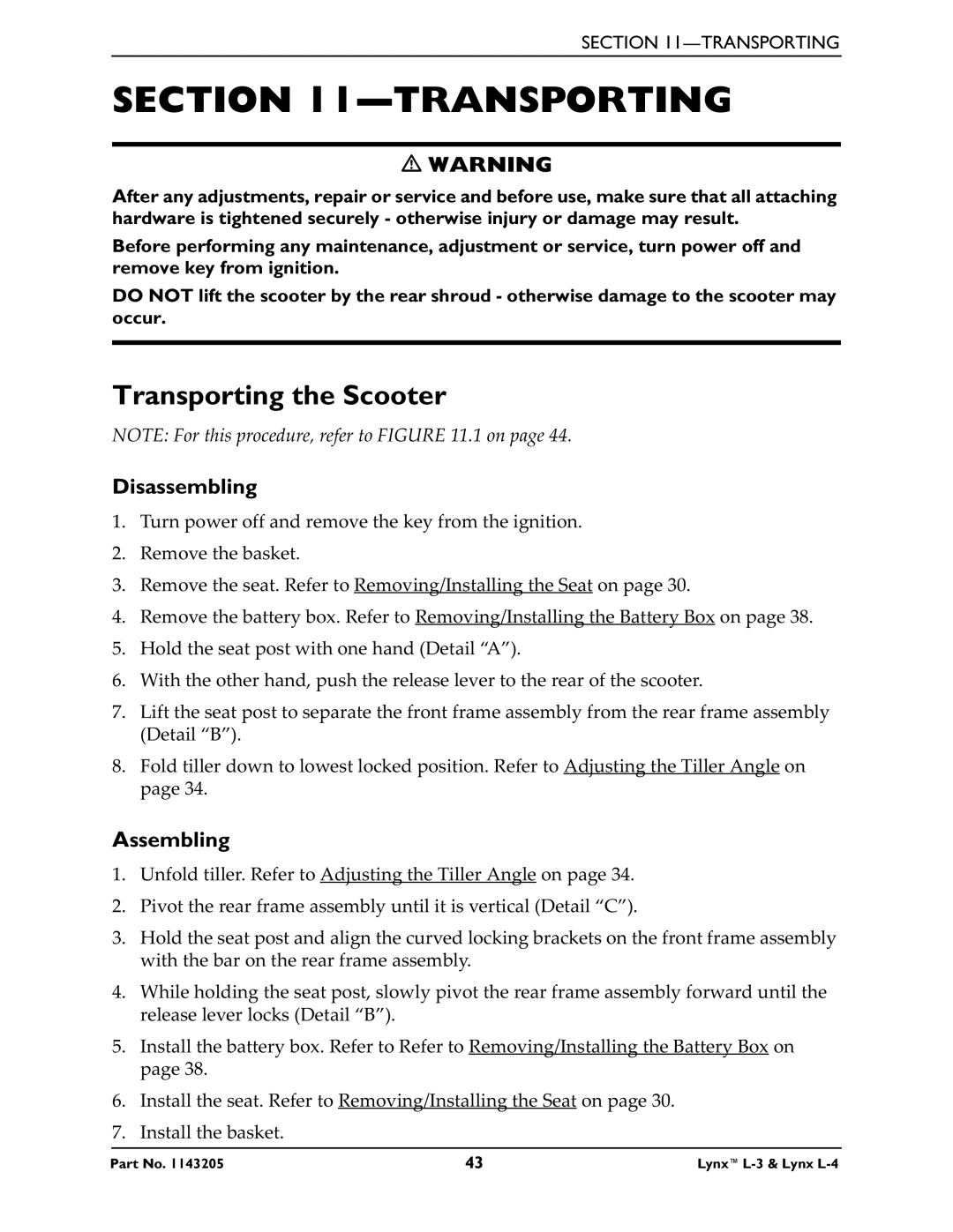 Invacare Lynx L-4 manual Transporting the Scooter, Disassembling, Assembling 