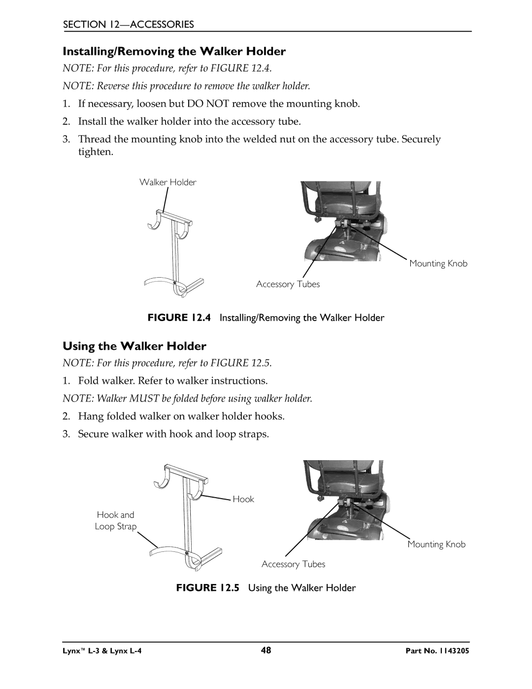 Invacare Lynx L-4 manual Installing/Removing the Walker Holder, Using the Walker Holder 