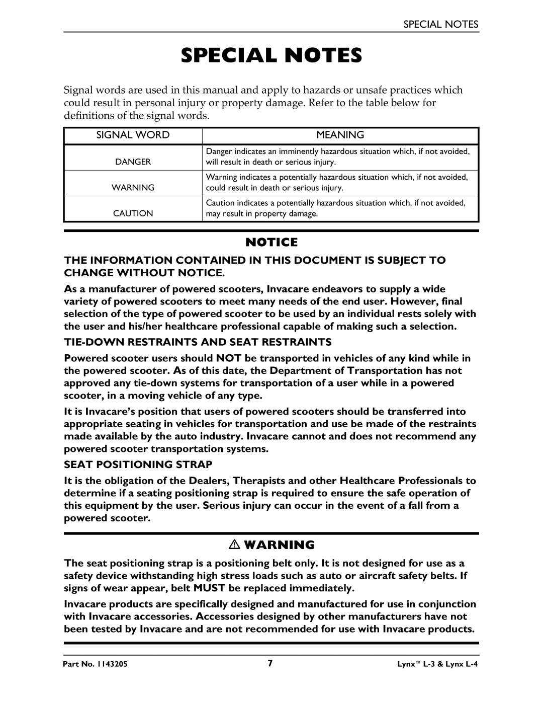 Invacare Lynx L-4 Special Notes, Signal Word Meaning, TIE-DOWN Restraints and Seat Restraints, Seat Positioning Strap 
