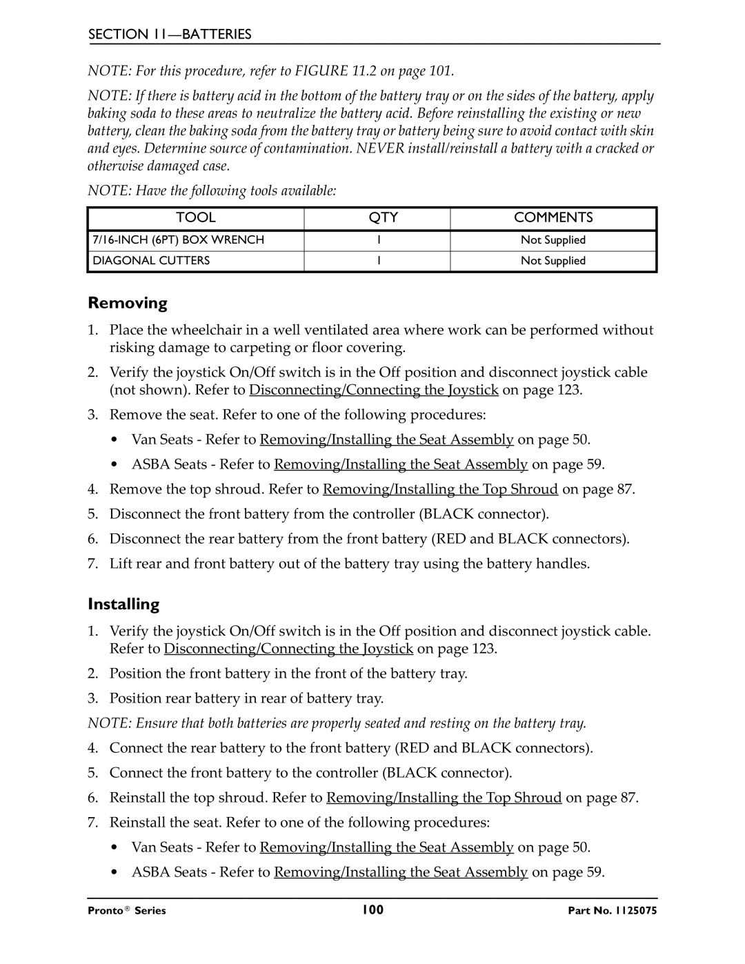 Invacare M51, M50, M61 service manual Removing, Batteries Tool QTY Comments 