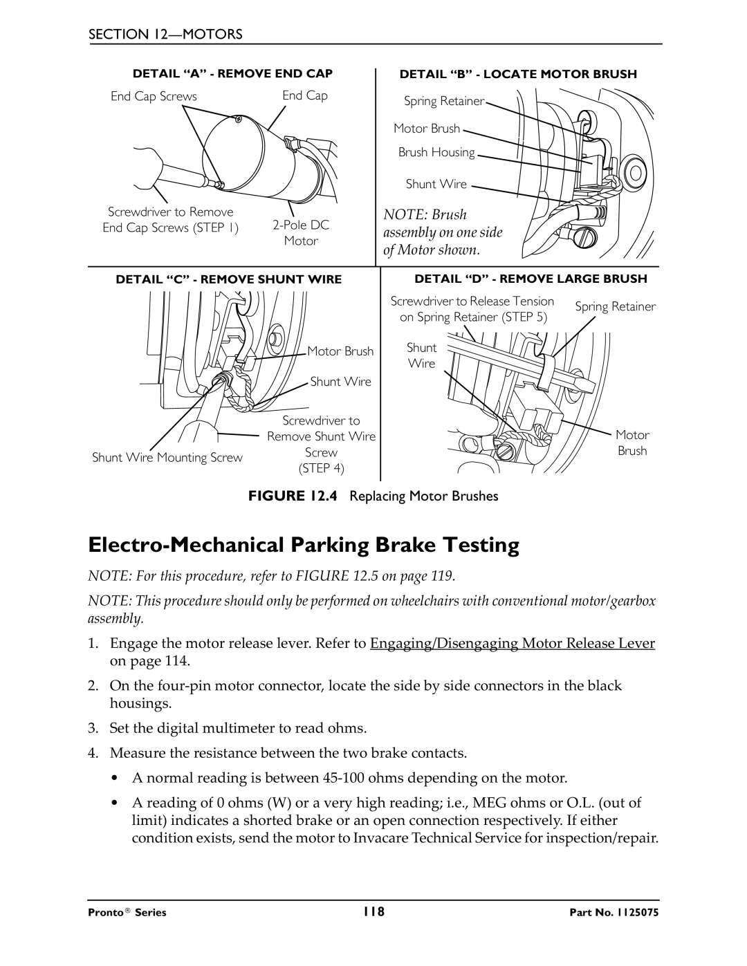 Invacare M51, M50, M61 service manual Electro-Mechanical Parking Brake Testing, Replacing Motor Brushes 