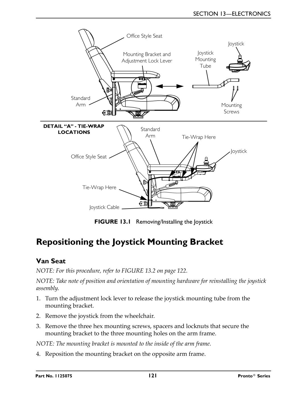 Invacare M51, M50, M61 service manual Repositioning the Joystick Mounting Bracket, Van Seat 