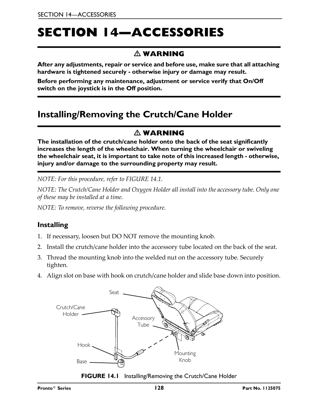 Invacare M61, M50, M51 service manual Accessories, Installing/Removing the Crutch/Cane Holder 