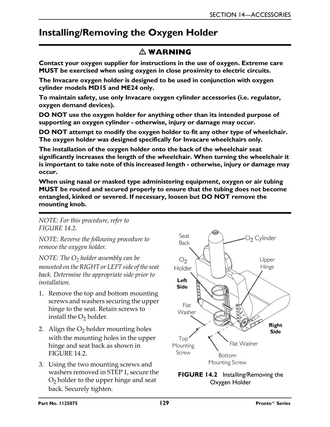 Invacare M50, M51, M61 service manual Installing/Removing the Oxygen Holder 