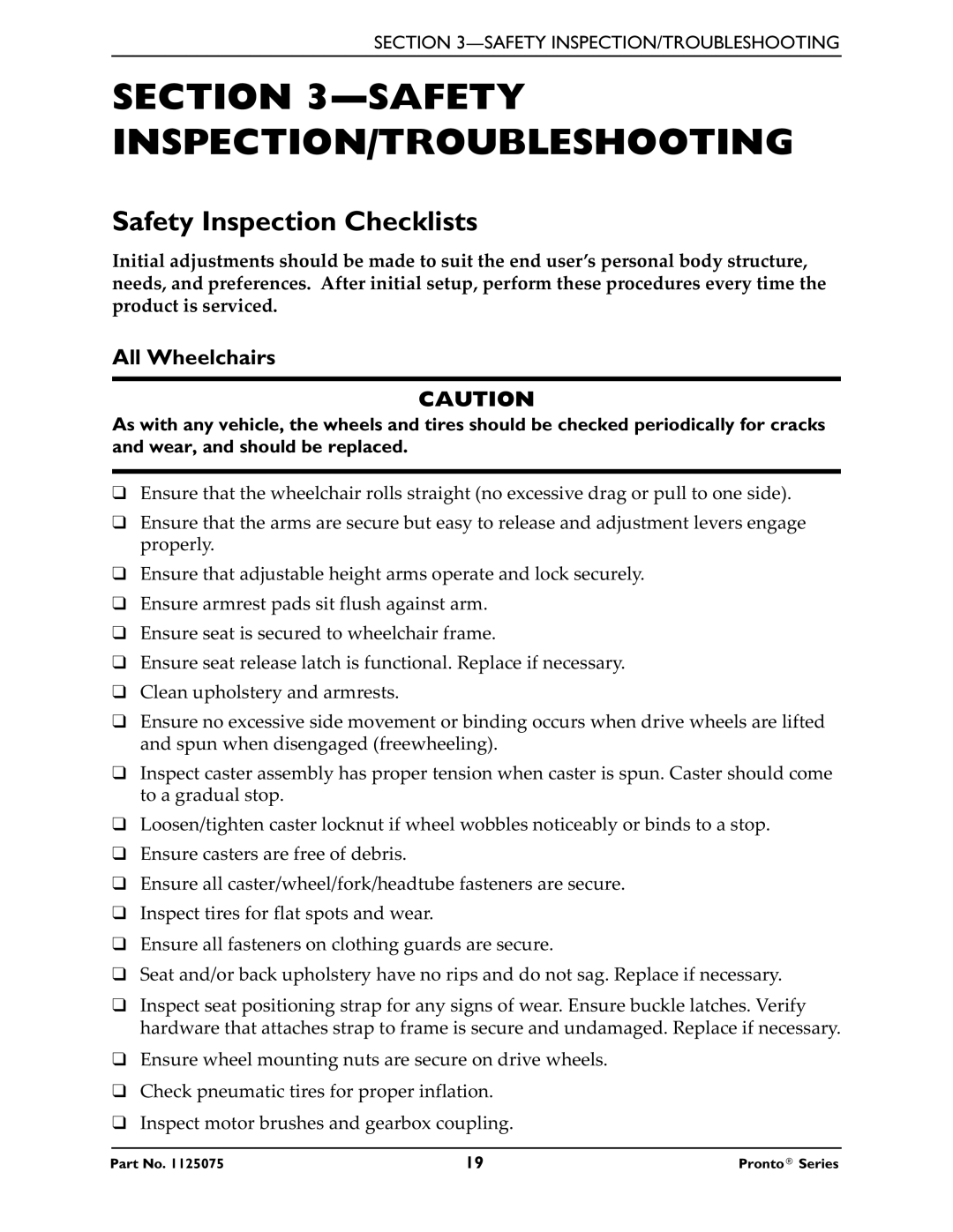 Invacare M51, M50, M61 service manual Safety INSPECTION/TROUBLESHOOTING, Safety Inspection Checklists, All Wheelchairs 