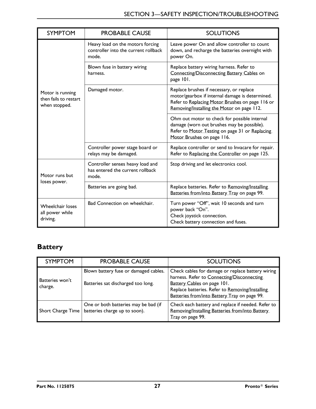 Invacare M50, M51, M61 service manual Battery 