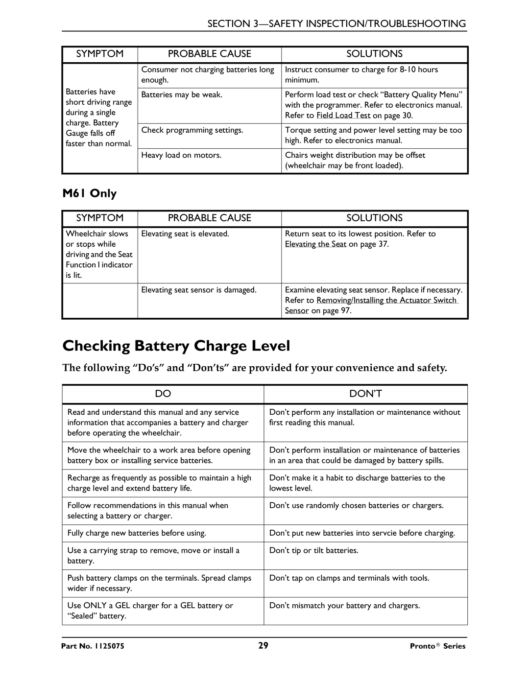 Invacare M50, M51 service manual Checking Battery Charge Level, M61 Only, Don’T 