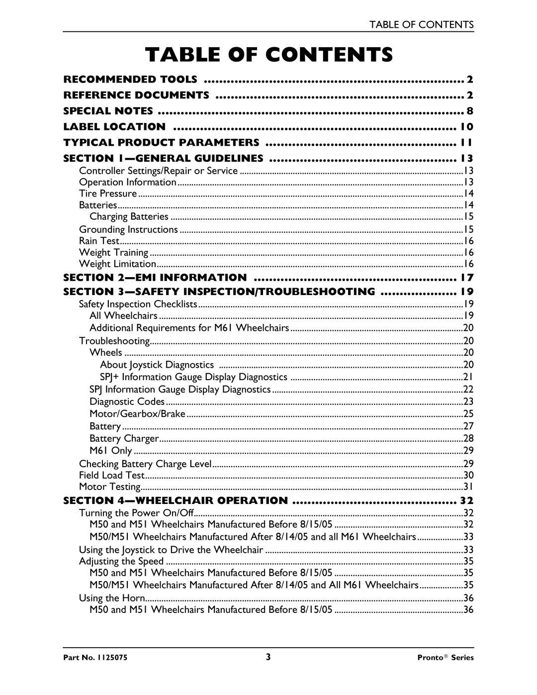 Invacare M50, M51, M61 service manual Table of Contents 