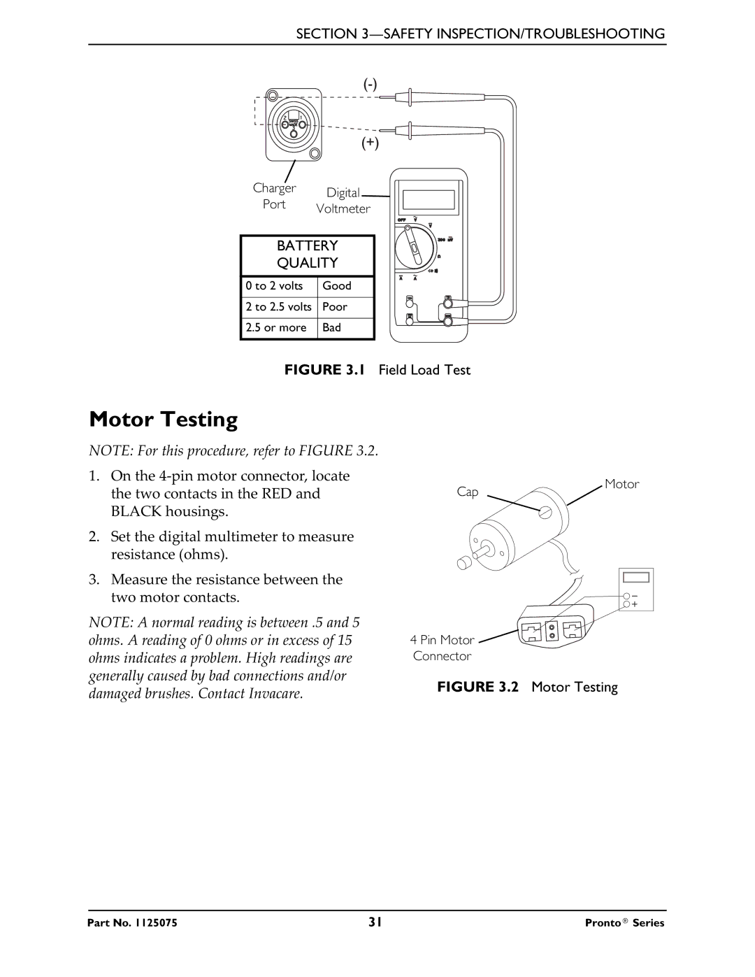 Invacare M51, M50, M61 service manual Motor Testing, Battery Quality 