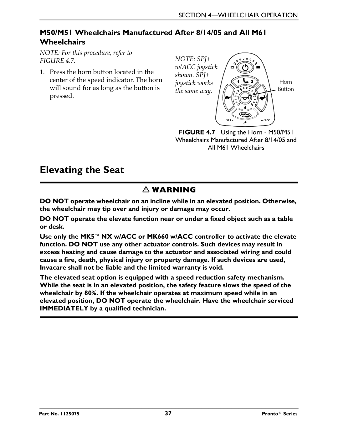 Invacare service manual Elevating the Seat, M50/M51 Wheelchairs Manufactured After 8/14/05 and All M61 